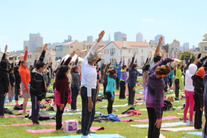 International Yoga Day in San Francisco drew approximately 2,000 yogis to Marina Green Park overlooking the Bay and Fort Mason